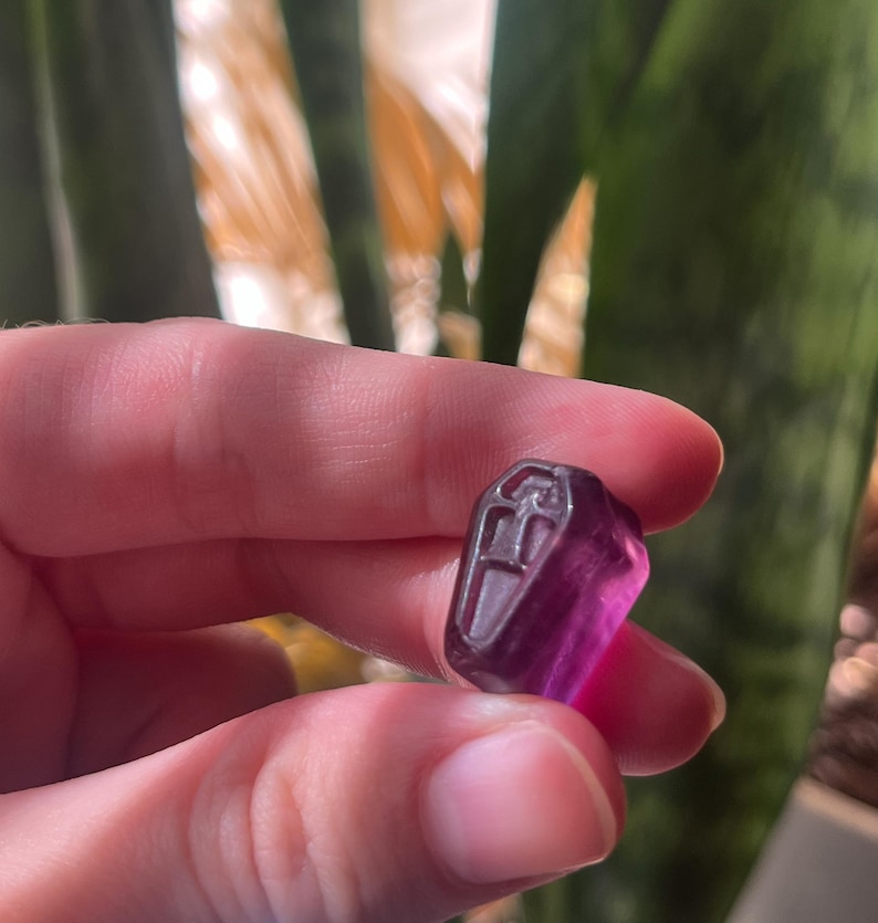 May include: A small, purple crystal carved with a coffin design. The crystal is held in a hand, with a blurred green background. The coffin design is a darker shade, contrasting with the lighter purple of the crystal.