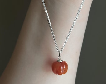 Handmade Natural Crystal Pumpkin Pendant - Gemstone Halloween Necklace - Autumn Jewelry