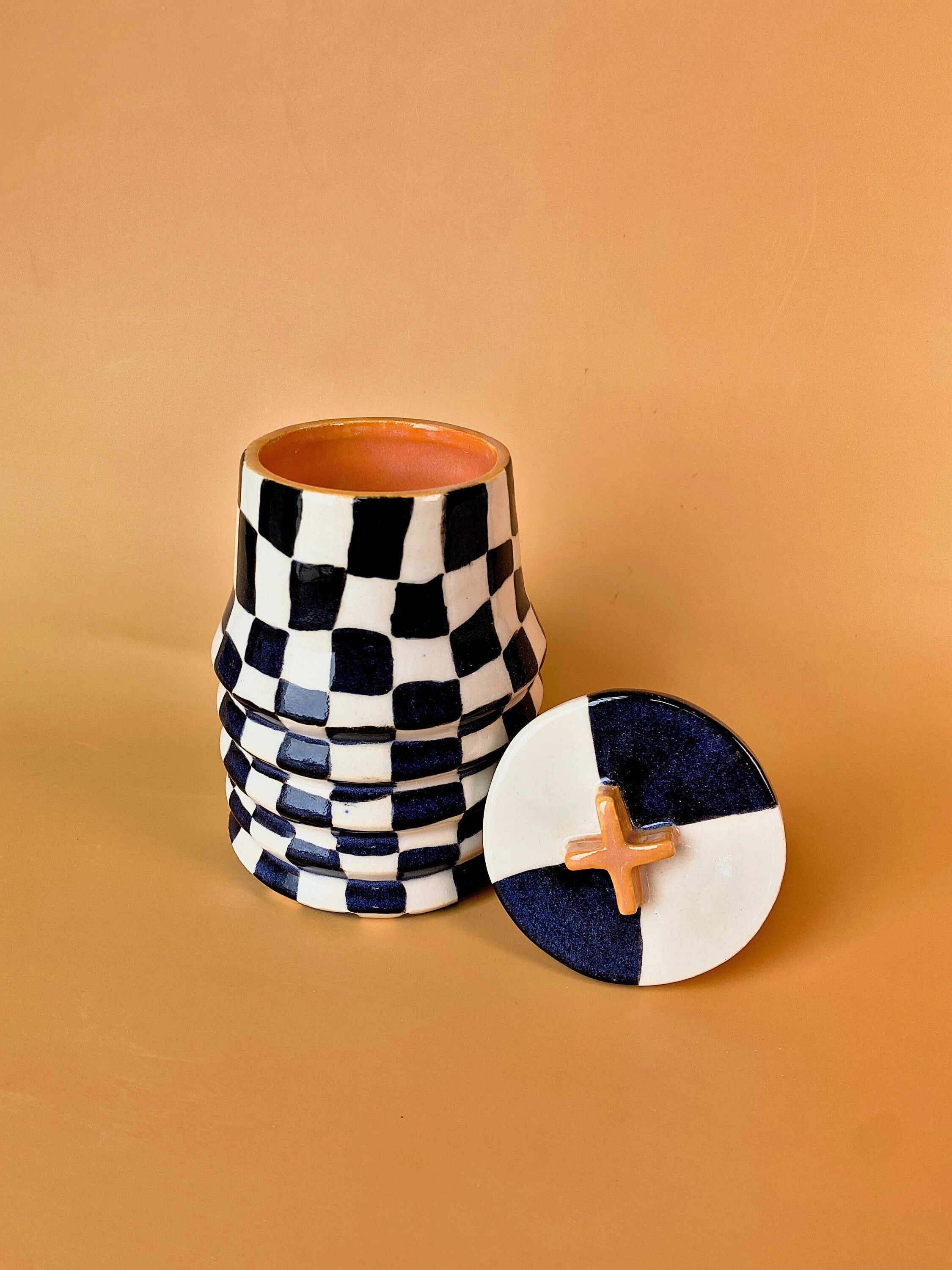 Pot de Conteneur à Carreaux/Pot en Céramique Fait La Main | Grès Rétro Café Sucre Candy Spice Storag