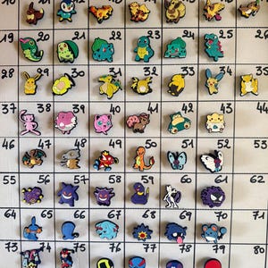 Op de afbeelding: Een verzameling kleurrijke rubberen schoenbedels met diverse stripfiguren en bolvormige objecten, gerangschikt in een raster op een witte ondergrond met handgeschreven zwarte cijfers van 10 tot 80 bij elk individueel figuur en object.