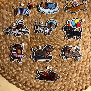 Puede incluir: Una colección de diez parches bordados de perros salchicha, numerados del uno al diez. Los diseños muestran perros salchicha con diversos atuendos y actividades, incluyendo un chef, un astronauta, un patinador, un superhéroe y un perro de fiesta con globos.