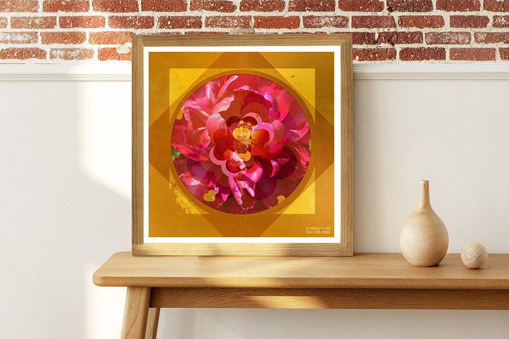 Affiche Fleurs Rose et Or - Mandala Flower Power Pivoine Décoration 30x30cm Impression Haute Qualité