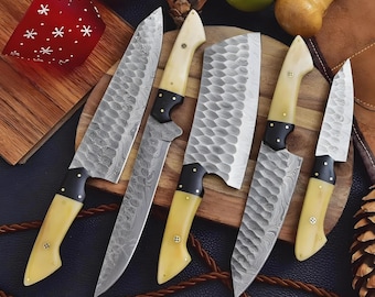 Handmade Damascus Steel 5 Pcs Personalized Chef Knife Set, BBQ Kitchen Knives Set, Custom Engraved Knives, Home, best Mother's Day Gift