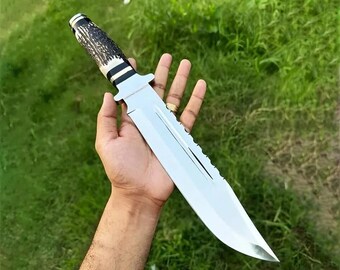 Custom Handmade D2 Steel Stag Handle Bowie Knife with Leather Sheath | Outdoor Knife Tool | gift for him | Hunting Knife for Outdoorsmen