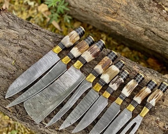 Hand Forged Damascus Steel 9pcs Chef Knife Set | Personalized Kitchen Knives Set with Stag Horn Handles | Professional Cooking Knife Set