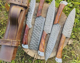 Handmade Damascus Steel 5 Pcs Personalized Chef Knife Set, BBQ Kitchen Knives Set, Custom Engraved Knives, Home, best Mother's Day Gift