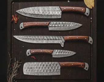 Handmade Damascus Steel 5 Pcs Personalized Chef Knife Set, BBQ Kitchen Knives Set, Custom Engraved Knives, Home, best Mother's Day Gift