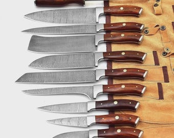 Hand Forged Damascus 10 Pcs Chef Set | Personalized Kitchen Knives | Gift for him | Gift for her | Groomsmen Gift | Anniversary-Wedding Gift