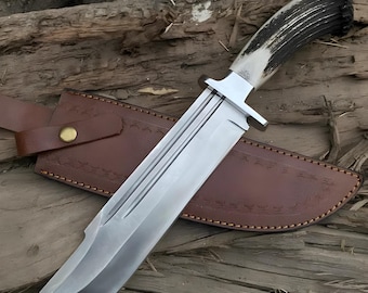Custom Handmade D2 Steel Bowie-Style Knife with Stag Handle and Steel Finger Guard | Outdoor Collectible Knife with Sheath | gift for him