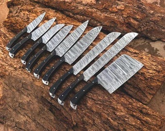 Handmade Damascus Steel 9 Pcs Personalized Chef Knife Set, BBQ Kitchen Knives Set, Custom Engraved Knives, Home, best Mother's Day Gift