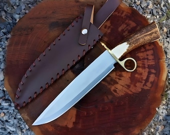 Custom Handmade D2 Steel Bowie-Style Knife with Stag Handle and Brass Finger Guard | Outdoor Collectible Knife with Sheath | gift for him