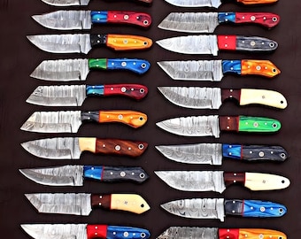 Set of 50/100 Handmade Damascus Steel Hunting and Skinning Knives with Sheaths | Custom Forged Outdoor Knives | Bulk Gift or Wholesale Order