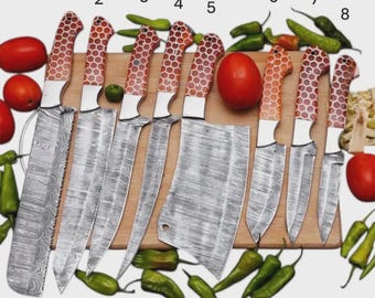Handcrafted Damascus Steel 8 pcs Chef Knife Set with Leather Bag | Personalized Kitchen Knives Set with Resin Handles | gift for husband