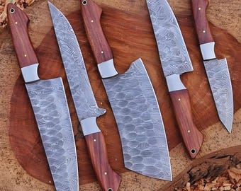 Handmade Damascus Steel 5 Pcs Personalized Chef Knife Set, BBQ Kitchen Knives Set, Custom Engraved Knives, Home, best Personal Chef Gift