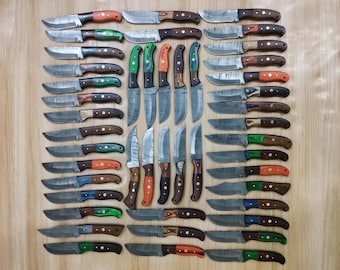 Set of 50/100 Handmade Damascus Steel Hunting and Skinning Knives with Sheaths | Custom Forged Outdoor Knives | Bulk Gift or Wholesale Order