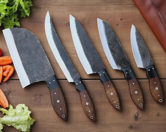 Juego de 5 cuchillos de chef personalizados de acero al carbono hechos a mano, juego de cuchillos de cocina para barbacoa, cuchillos grabados personalizados, ideal para el hogar, el mejor regalo para el Día de la Madre.