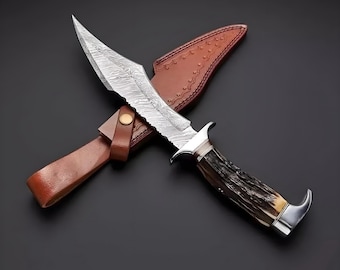 Handcrafted Damascus Steel Blade Knife with Stag Handle & Leather Sheath | Collectible Bowie-Style Design | Knife Gift for Outdoorsmen