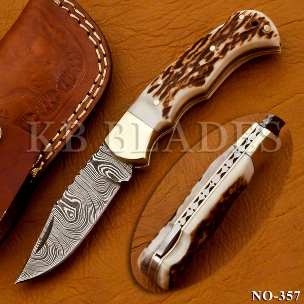 6.7" Custom Handmade Damascus Steel EDC Folding Pocket Knife with Stag Horn Handle