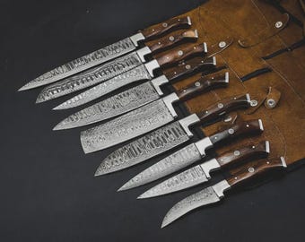 Handmade Damascus Steel 9 Pcs Personalized Chef Knife Set, BBQ Kitchen Knives Set, Custom Engraved Knives, Home, best Mother's Day Gift