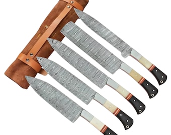 Handmade Damascus Steel 5 Pcs Personalized Chef Knife Set, BBQ Kitchen Knives Set, Custom Engraved Knives, Home, best Mother's Day Gift