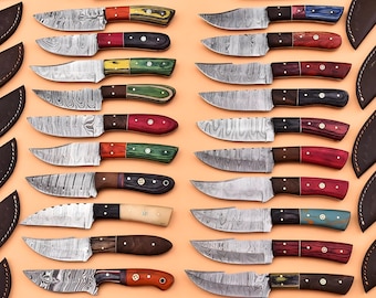 Set of 50/100 Handmade Damascus Steel Hunting and Skinning Knives with Sheaths | Custom Forged Outdoor Knives | Bulk Gift or Wholesale Order