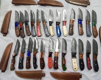 Set of 50/100 Handmade Damascus Steel Hunting and Skinning Knives with Sheaths | Custom Forged Outdoor Knives | Bulk Gift or Wholesale Order