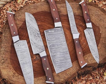 Handmade Damascus Steel 5 Pcs Personalized Chef Knife Set, BBQ Kitchen Knives Set, Custom Engraved Knives, Home, best Mother's Day Gift