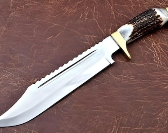 Custom Handmade D2 Steel Bowie-Style Knife with Stag Handle and Brass Finger Guard | Outdoor Collectible Knife with Sheath | gift for him