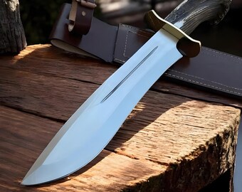 Custom Handmade D2 Steel Stag Handle Bowie Knife with Leather Sheath | Outdoor Knife Tool | gift for him | Hunting Knife for Outdoorsmen