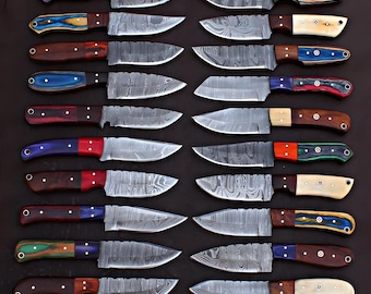 Set of 50/100 Handmade Damascus Steel Hunting and Skinning Knives with Sheaths | Custom Forged Outdoor Knives | Bulk Gift or Wholesale Order