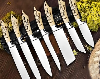 Handcrafted Stainless Steel 5 pcs Chef Knife Set with Leather | Personalized Kitchen Knives Set with Resin Handles | Professional Chef Gift