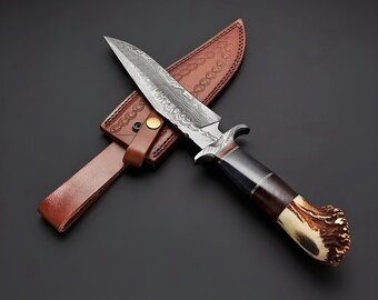 Custom Handmade Damascus Steel Hunting Knife with Stag Handle & Leather Sheath | Collectible Bowie-Style Knife | Knife Gift for Outdoorsmen
