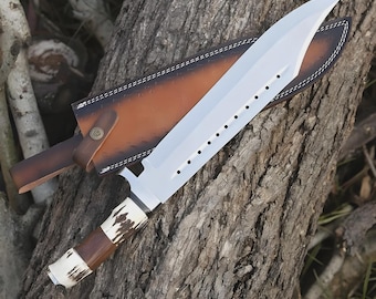 Handmade D2 Tool Steel Bowie-Style Knife with Dollar Wood Handle | Custom Forged Knife for Outdoor Use | Hunting Knife gift with Sheath