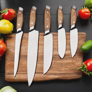 Handcrafted Stainless Steel 5 pcs Chef Knife Set with Leather | Personalized Kitchen Knives Set with Wood Handles | Professional Chef Gift