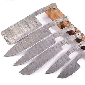 Hand Forged Damascus 6 Pcs Blank Blade Chef Knife Set for Custom Handles | Kitchen Knife Making Supplies | gift for Chef | Unique Gift