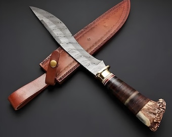 Custom Handmade Damascus Steel Hunting Camping Knife with Stag Handle & Sheath | Collectible Bowie-Style Knife | Knife Gift for Outdoorsmen
