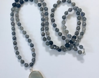 108 Mala with Unique Stone Pendant | Labradorite | Boutique Style Necklace