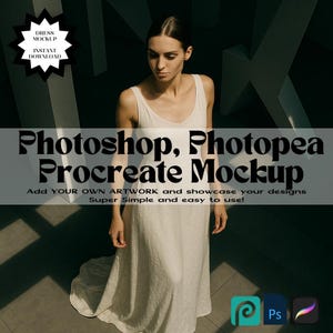 May include: A woman wearing a white dress, standing in a modern setting. The image includes text that reads "Photoshop, Photopea, Procreate Mockup" and "Dress Mockup, Instant Download." The dress has a simple design. The image also includes the logos for Procreate and Photoshop.