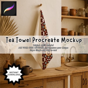 May include: A white tea towel with a patterned border of brown, teal, and yellow floral shapes hangs on a wooden peg. The text "Tea Towel Procreate Mockup" is displayed. The image includes a mug, a wooden countertop, and kitchen shelving.