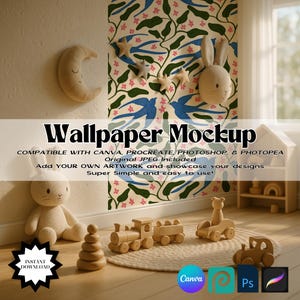 May include: A nursery scene featuring a beige bunny head, a crescent moon, and star-shaped wall decorations. The image includes wooden toys, a train, and a giraffe on a circular rug. The wallpaper has a floral and bird pattern. Text on the image says "Wallpaper Mockup".