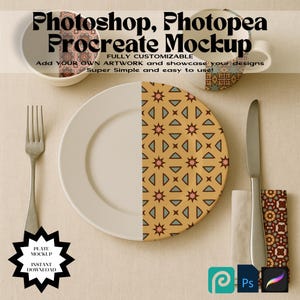 May include: A white plate with a geometric design, a fork, knife, and cup are arranged on a beige surface. The plate is partially decorated with a pattern of stars and triangles. Text on the image reads "Photoshop, Photopea, Procreate Mockup."