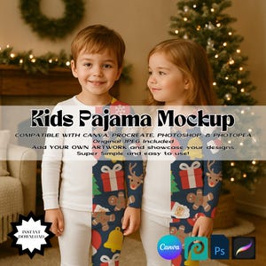 May include: Two children wearing white and navy blue Christmas-themed pajamas. The pajamas feature a festive pattern with gifts, reindeer, and gingerbread men. The image includes the text "Kids Pajama Mockup".