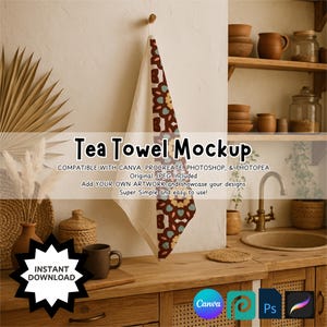 May include: A tea towel mockup with a white background and a decorative border featuring a pattern of brown, teal, and yellow shapes. The text "Tea Towel Mockup" is displayed, along with other text. The image includes a kitchen setting with wooden shelves and a sink.