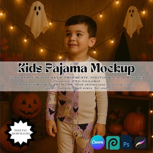 May include: A child in a Halloween-themed pajama set. The pyjamas are light beige with a patterned panel featuring ghosts, bats, and flowers. The image includes text that reads "Kids Pajama Mockup" and "Instant Download."