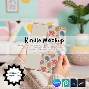 May include: A Kindle mockup held by a person, featuring a colorful paisley design on the cover. The text "Kindle Mockup" is displayed prominently, along with details about compatibility with design software and the availability of an original JPEG. An "Instant Download" badge is also visible.