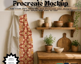 Maqueta de delantal para Photoshop y Procreate / Decoración de cocina bohemia neutra / Descarga digital 4 PNG, diseño de patrón sin costuras para impresión y sublimación en toda la superficie