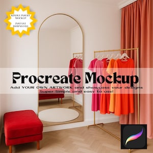 May include: A red velvet ottoman and a gold-framed arched mirror are featured in this image. The mirror reflects a rack of colorful dresses. The text "Procreate Mockup" is displayed across the image.