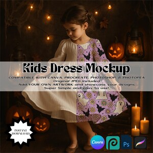 Pode incluir: Uma menina vestindo um vestido branco e roxo com tema de Halloween. O vestido apresenta um padrão de fantasmas e morcegos. A imagem inclui o texto "Kids Dress Mockup" e "Instant Download".