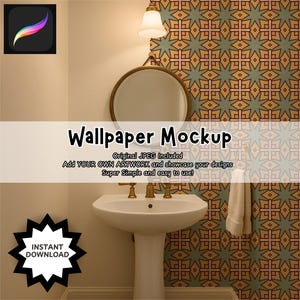 Może przedstawiać: Scena łazienki z białym umywalką na cokole, złotymi kranami i okrągłym lustrem. Tapeta ma geometryczny wzór w odcieniach zieleni, złota i brązu. Tekst brzmi "Wallpaper Mockup" i "Instant Download".