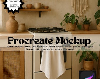 Maqueta de paño de cocina colgante para Procreate / Decoración de cocina bohemia neutra / Descarga digital: 4 diseños de patrones sin costuras, impresión y sublimación en toda la superficie